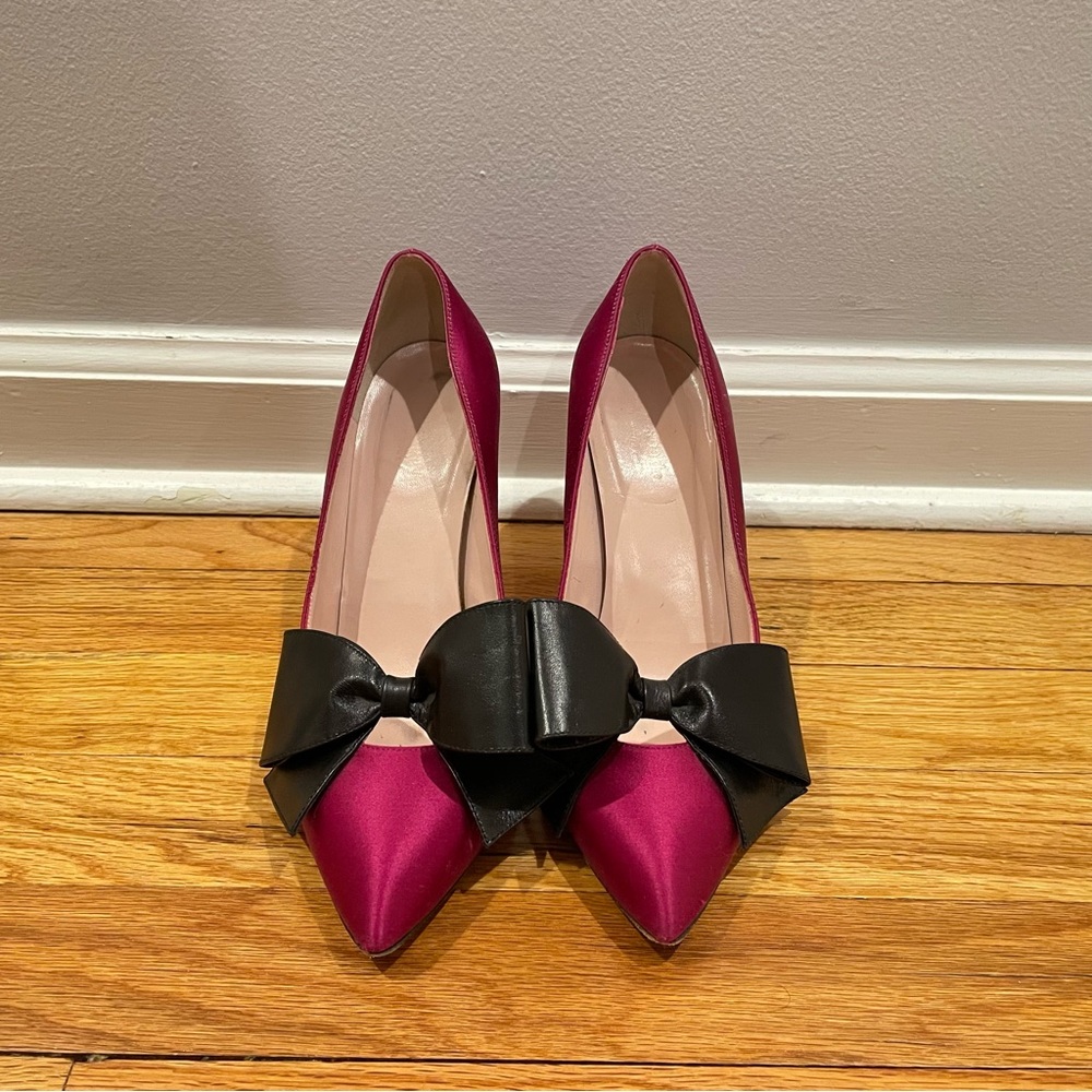 Kate Spade Fuchsia Satin & Leather Bow High Heel Pumps